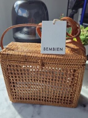 Bembien Tan Woven Rattan Crossbody Shoulder Tote Picnic Basket Bag Boho Bohemian